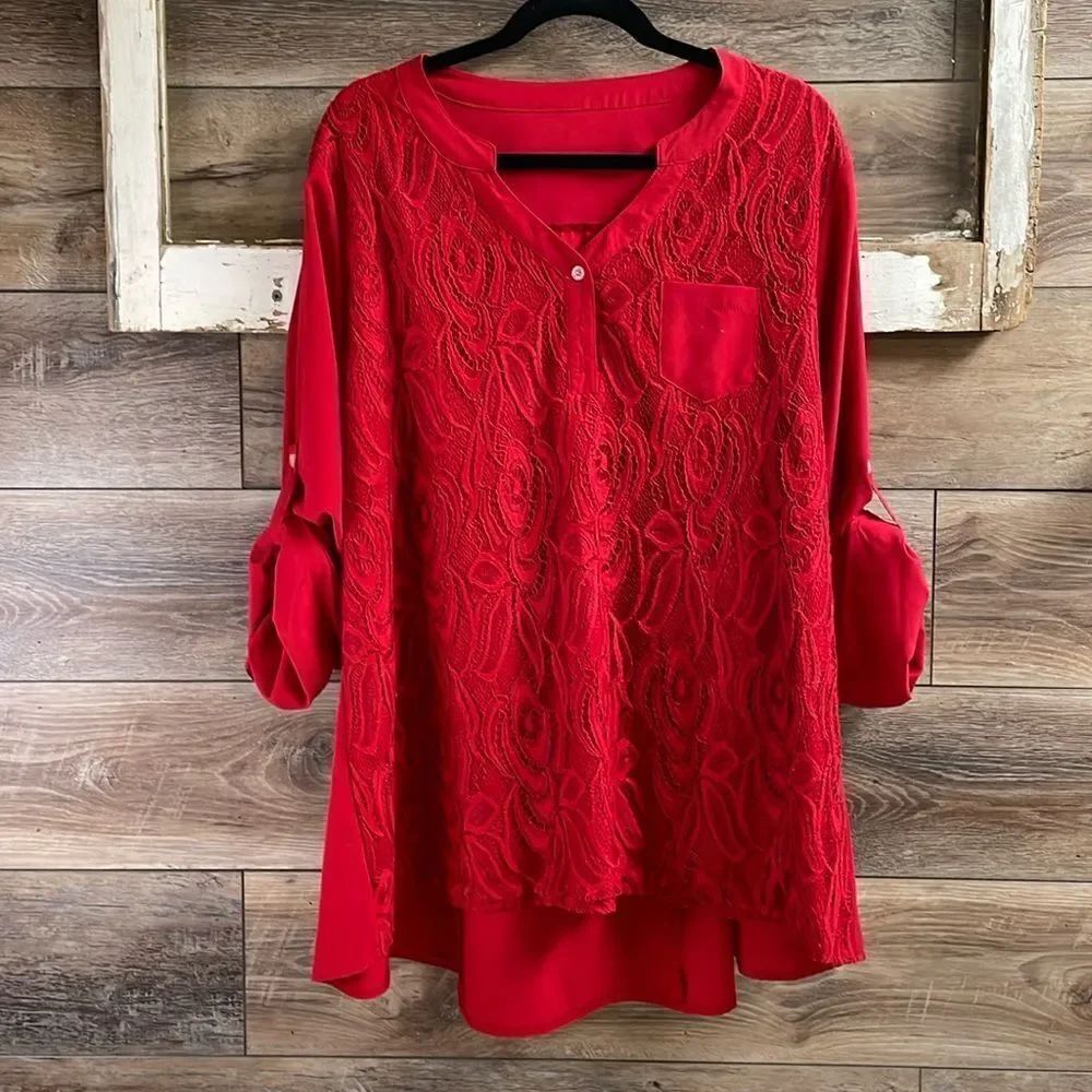 Women’s Red Vneck Lace Dress Blouse Tunic Button Tab Sleeves Plus Size XXL
